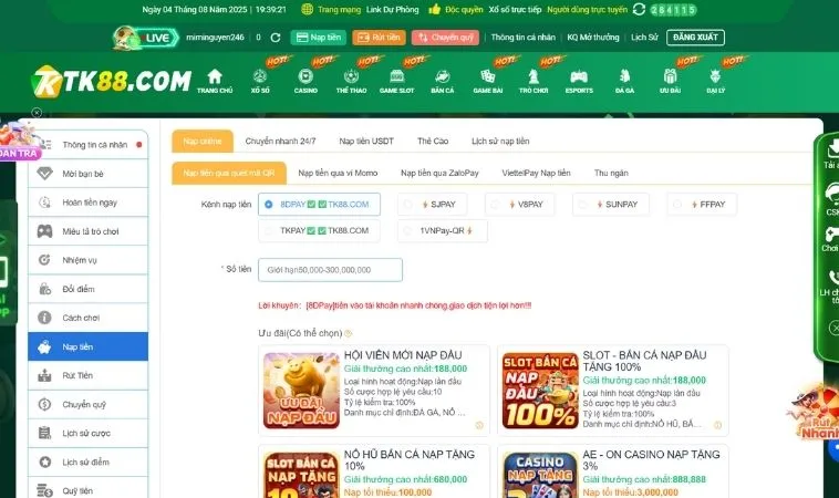 Các phương thức nạp tiền TK88